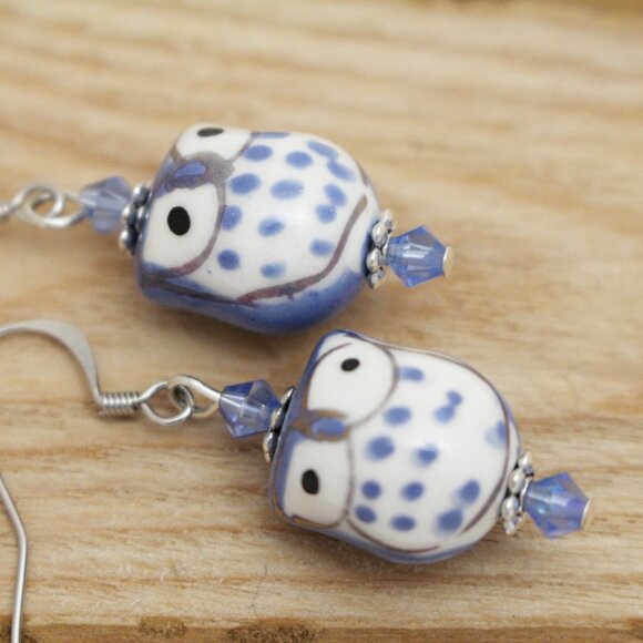 Periwinkle Blue Hand Painted Owl Earrings - Handmade & Hypoallergenic - Picture 2 of 8